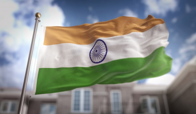 Indie Flagi Renderowania 3d Na Tle Błękitne Niebo Budynku