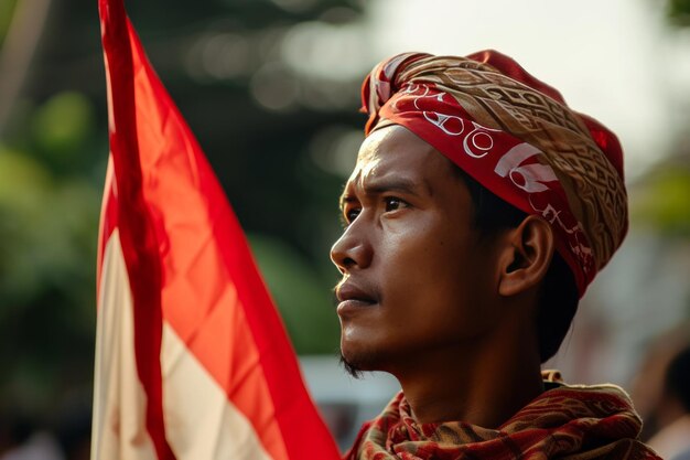 Zdjęcie indonezyjski dzień niepodległości mężczyzna z indonezyjską flagą