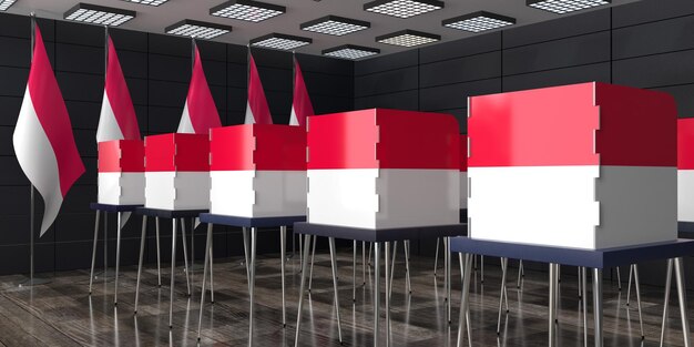 Zdjęcie indonezyjskie kabiny wyborcze i flagi narodowe w urzędzie wyborczym koncepcja wyborów ilustracja 3d