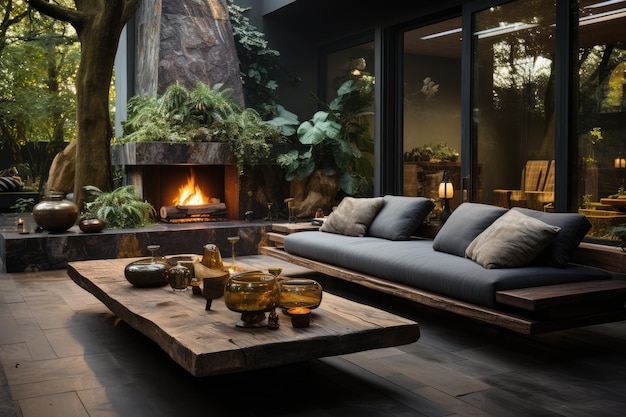 Industrial Chic garden interior Połączenie szorstkiej i surowej estetyki przemysłowej ai
