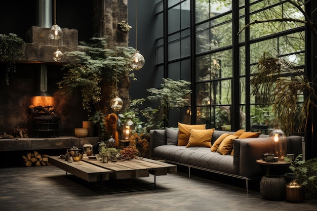 Industrial Chic garden interior Połączenie szorstkiej i surowej estetyki przemysłowej ai