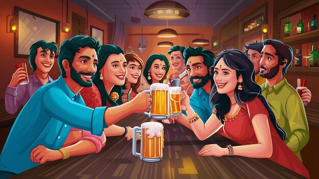 Indyjscy przyjaciele w pubie chłopcy i dziewczyna w barze świętują przy kubku piwa
