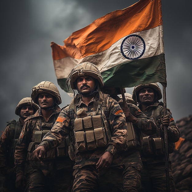 Indyjska armia trzymająca indyjską flagę