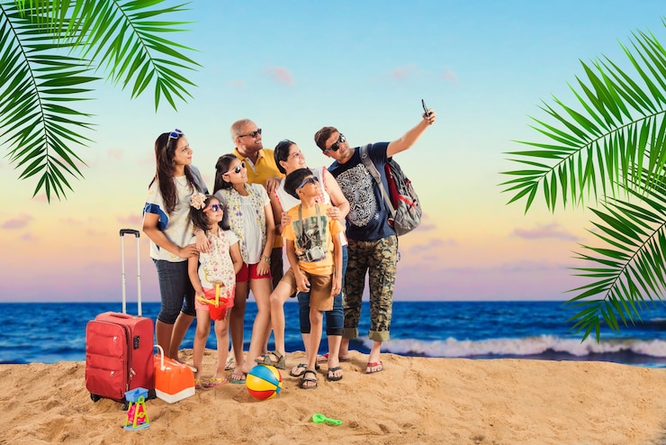 Zdjęcie indyjska azjatycka rodzina bawiąca się na plaży latem