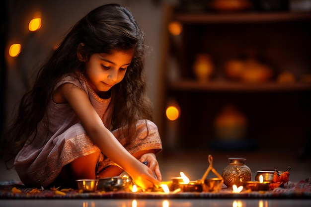 Indyjska dziewczyna aranżująca Diyas podczas festiwalu Diwali