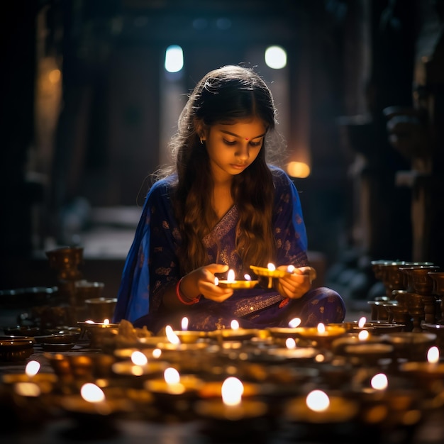 Indyjska dziewczyna organizuje Diyas podczas festiwalu Diwali