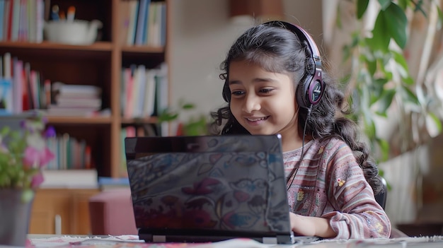 Indyjska dziewczyna w domu uśmiecha się pracując na swoim laptopie z słuchawkami Generative Ai