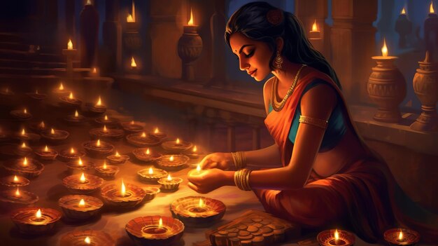 Zdjęcie indyjska dziewczyna zapalająca lampy na festiwal diwali 3d ilustracja generative ai
