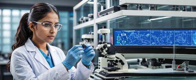 Indyjska inżynierka genetyczna analizuje mikroskopijne próbki w zaawansowanym technologicznie laboratorium medycznym