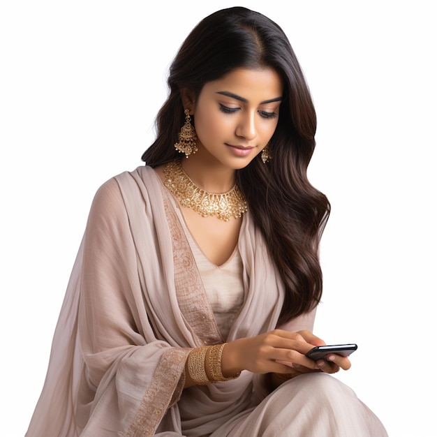 Indyjska kobieta nosząca zwykłe ubrania etniczne używająca swojego smartfona