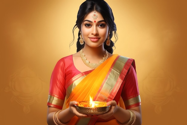 Indyjska kobieta w tradycyjnym sari z lampą olejową i świętująca Diwali lub Deepavali fesitval świateł