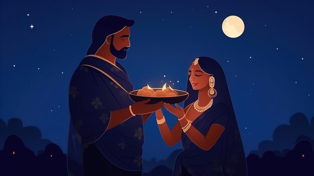 Indyjska kobieta wykonująca hinduski rytuał festiwalu małżeńskiego Karwa Cahuth patrząca na księżyc przez sitoilustrację