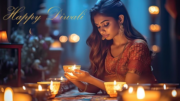 Indyjska kobieta zapala świece na festiwalu Diwali Pocztówka z pozdrowieniami festiwalu Diwali