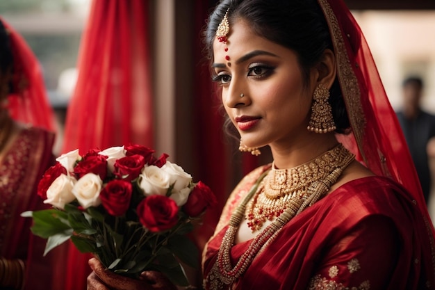 Zdjęcie indyjska ładna panna młoda trzyma bukiet kwiatów lub pęczek