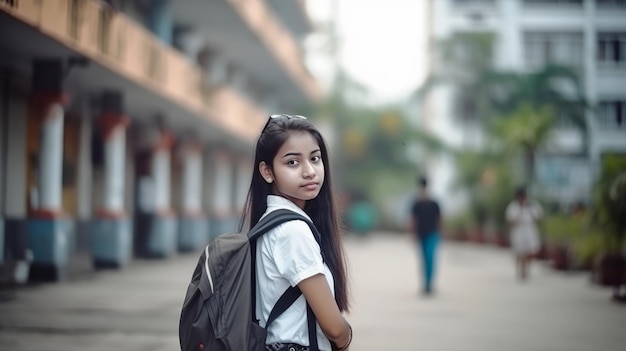 Indyjska młoda dziewczyna Uczennica z generatywną sztuczną inteligencją tornistra