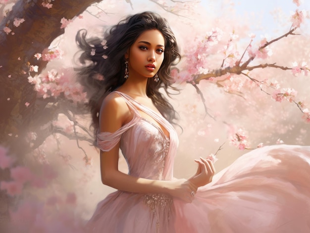 Indyjska piękność w pastelowej różowej sukni pośród kwiatów wiśni uosabiającej elegancję