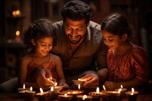 Indyjska rodzina w tradycyjnym sari zapala lampę olejową i świętuje Diwali fesitval świateł wewnątrz świątyni Mała dziewczyna trzyma lampę olejną w rękach z pięknym tłem bokeh