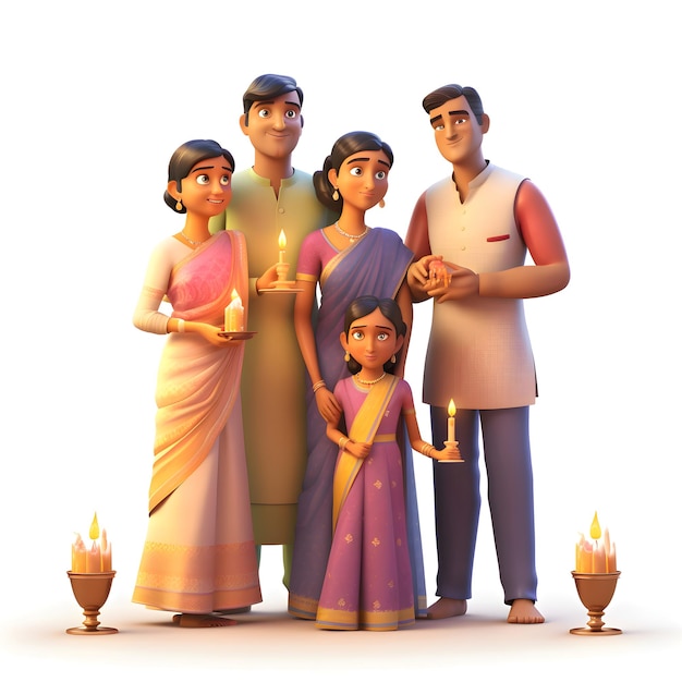 Indyjska rodzina z oświetleniem diwali 3d ilustracja renderowania