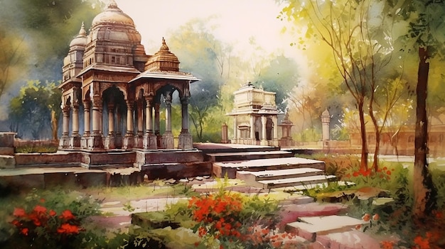 Indyjska świątynia i ogród akwarela malarstwo wieś ilustracja obraz sztuki generowanej przez Ai