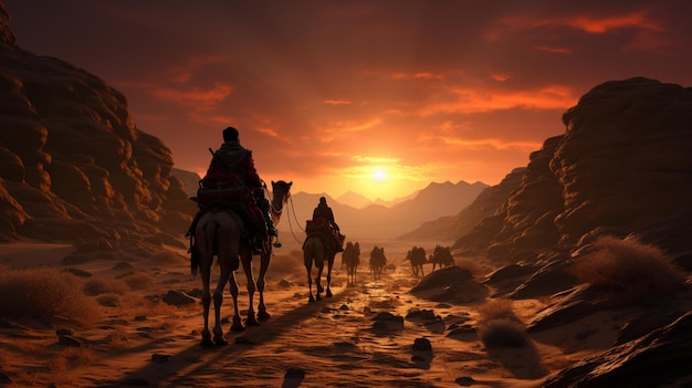 Indyjski beduiński kierowca wielbłądów z sylwetkami wielbłądów w wydmach pustyni Thar przy zachodzie słońca Generatywna sztuczna inteligencja