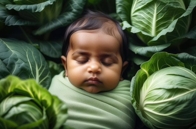 Indyjski chłopiec w kapustze nowo narodzone dziecko śpi w ogrodzie na ziemi otoczonym warzywami
