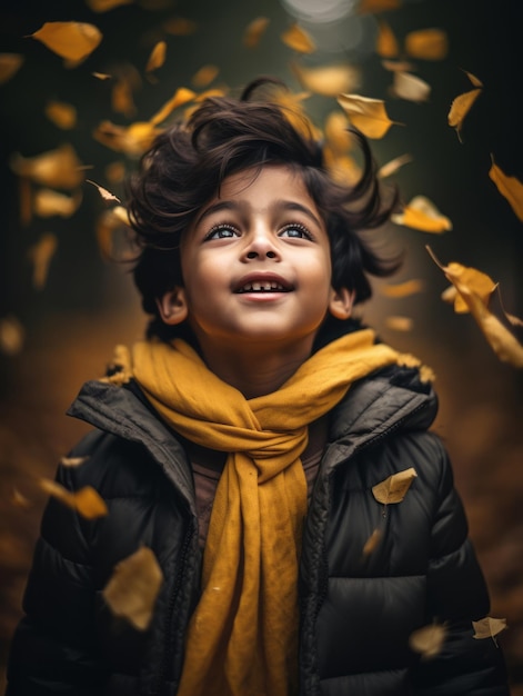 Indyjski dzieciak w zabawnej, emocjonalnej, dynamicznej pozie na jesiennym tle