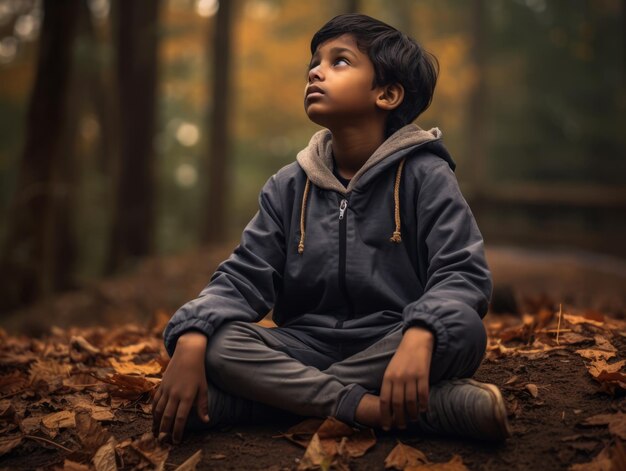 Indyjski dzieciak w zabawnej, emocjonalnej, dynamicznej pozie na jesiennym tle