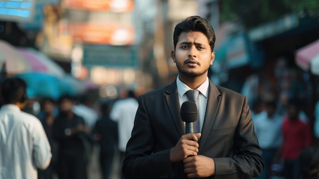 Zdjęcie indyjski dziennikarz z mikrofonem i sprawozdaniem w miejscu publicznym