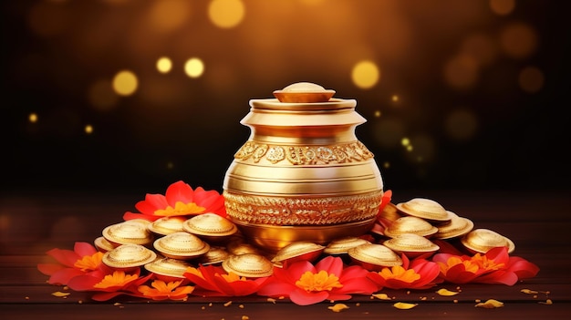 Zdjęcie indyjski festiwal dhanteras i diwali uwielbienie w tle z boginią lakshmi laxmi złote monety ilustracji