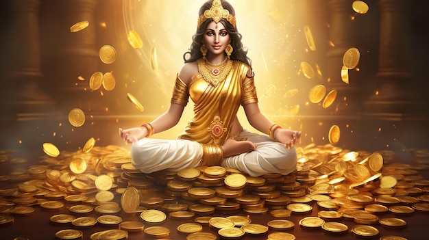 Indyjski festiwal Dhanteras i Diwali uwielbienie w tle z boginią Lakshmi Laxmi złote monety ilustracji