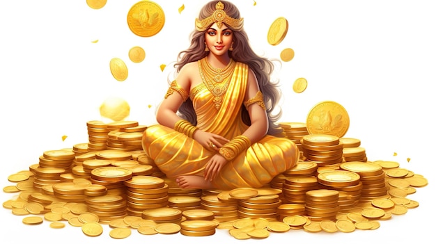 Indyjski festiwal Dhanteras i Diwali uwielbienie w tle z boginią Lakshmi Laxmi złote monety ilustracji