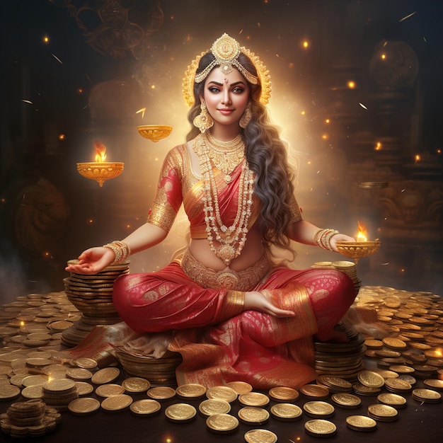 Indyjski festiwal Dhanteras i Diwali uwielbienie w tle z boginią Lakshmi Laxmi złote monety ilustracji