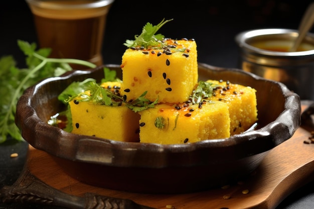 Indyjski Khaman Dhokla podawany na talerzu z chutneyem