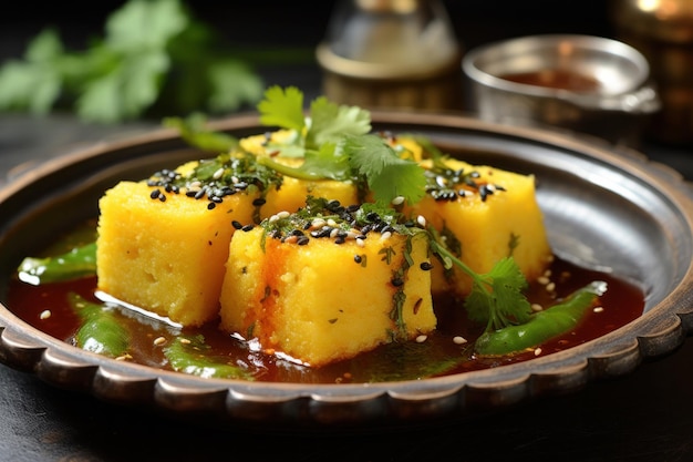 Indyjski Khaman Dhokla podawany na talerzu z chutneyem