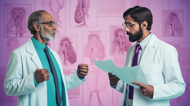 indyjski lekarz zaprasza mężczyznę, aby wysłuchał jego opowieści o bólach w klatce piersiowej