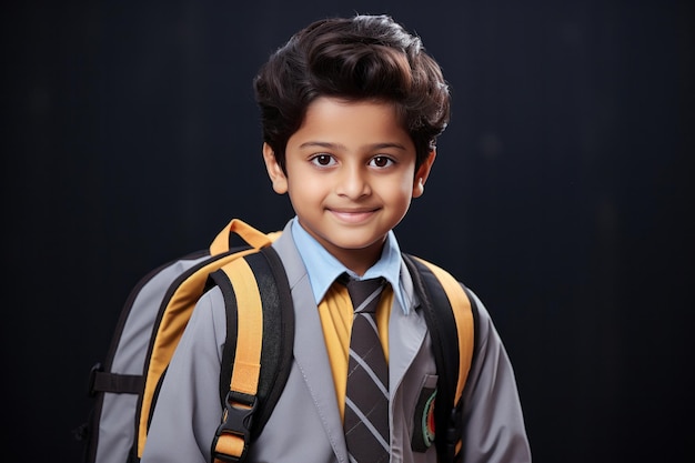 Indyjski mały szczęśliwy chłopiec ze plecakiem patrzący na kamerę biały stojący odizolowany