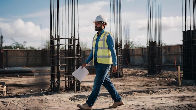 Indyjski męski inżynier budowlany z twardym kapeluszem trzymający niebieski papier drukowany idący po budowie