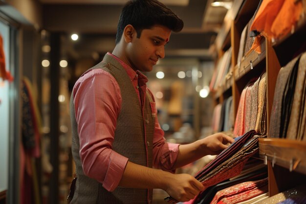 Indyjski mężczyzna robi zakupy w indyjskim sklepie z ubraniami w stylu bokeh.