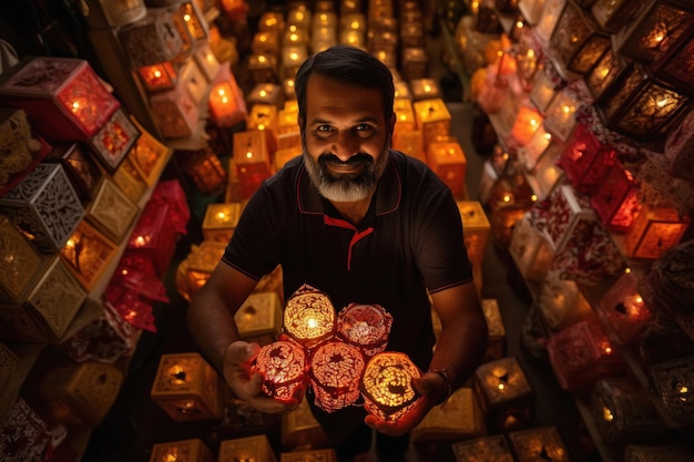 Indyjski mężczyzna sprzedający latarnie na festiwal Diwali