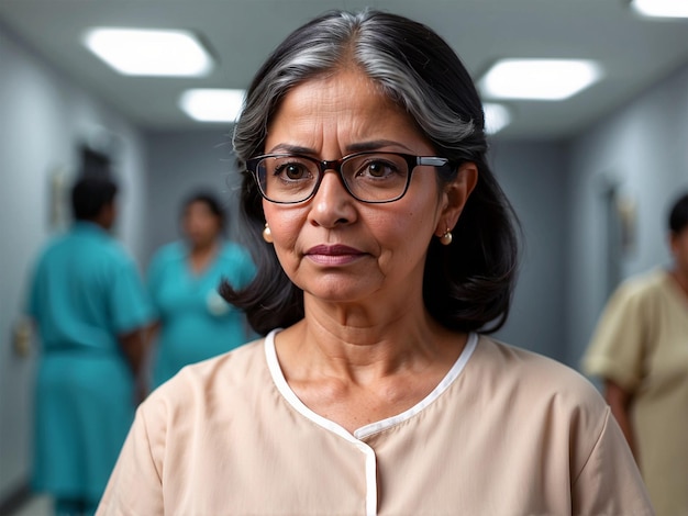 Indyjski poważny portret starszej damy z okularami