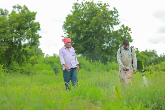 Indyjski rolnik i robotnik opryskujące pestycydy na polu
