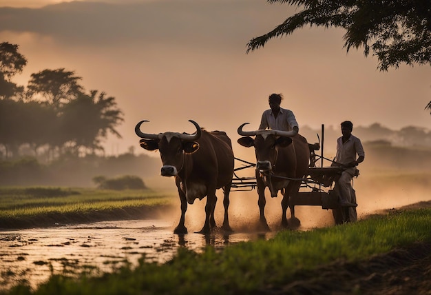 Indyjski rolnik orze pola ryżowe z parą wołów