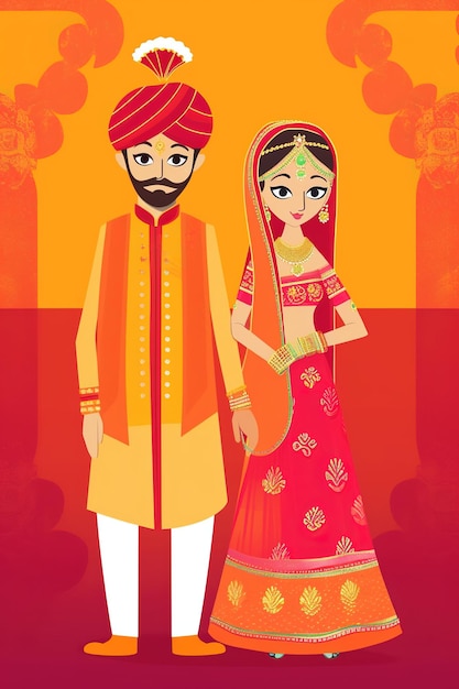 Indyjski ślub para kreskówka panna młoda i pan młody