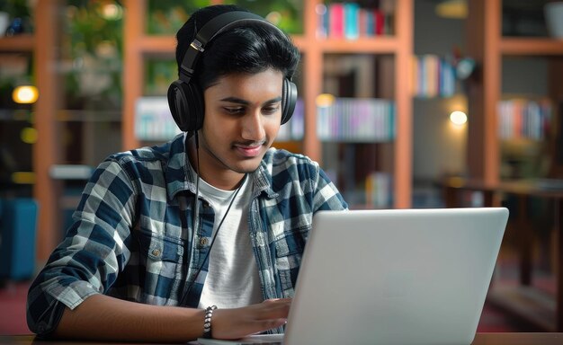 Indyjski student pracujący na laptopie z słuchawkami generowanymi przez sztuczną inteligencję
