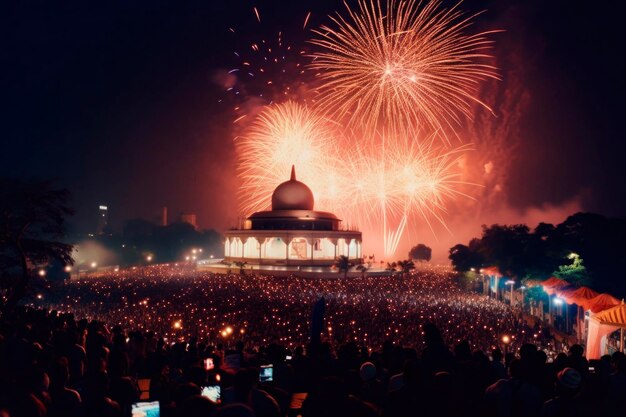 Indyjski tłum świętuje festiwal świateł Diwali w nocy z fajerwerkami przy świecach na tle meczetu generowany przez sztuczną inteligencję