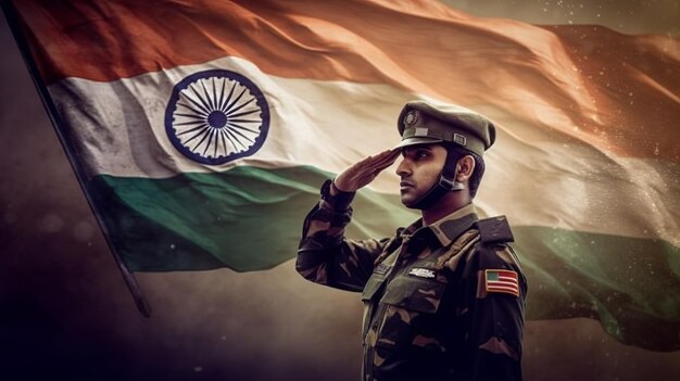 Indyjski żołnierz salutujący z indyjską flagą w tle