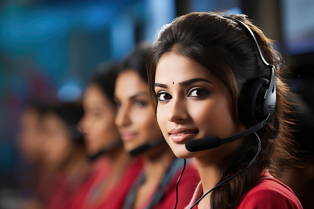 Indyjskie call center Ładna przedstawicielka klienta komunikuje się z klientem przez mikrofon