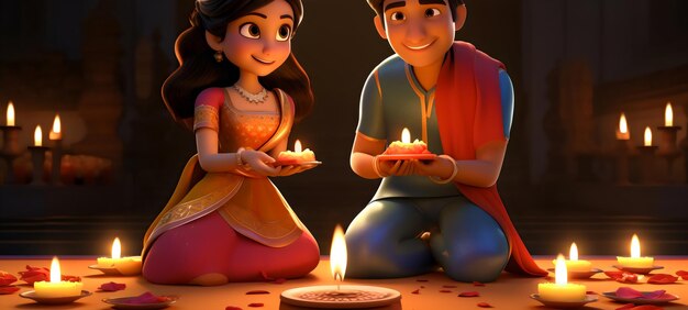 Zdjęcie indyjskie pary 3d z stylem projektowania diya diwali i karwa chauth