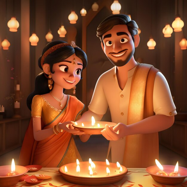 Zdjęcie indyjskie pary 3d z stylem projektowania diya diwali i karwa chauth