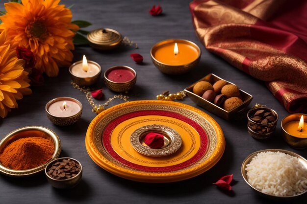 Zdjęcie indyjskie święto raksha bandhan raakhi z słodyczami, prezentami i diya raksha bindhan bond of protectio